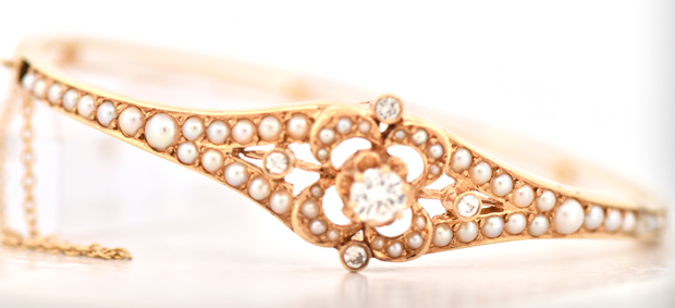 14K Yellow Gold Pearl and Diamond Bracelet 