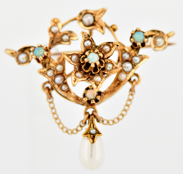 14K Yellow Gold Opal and Pearl Pin/Pendant 