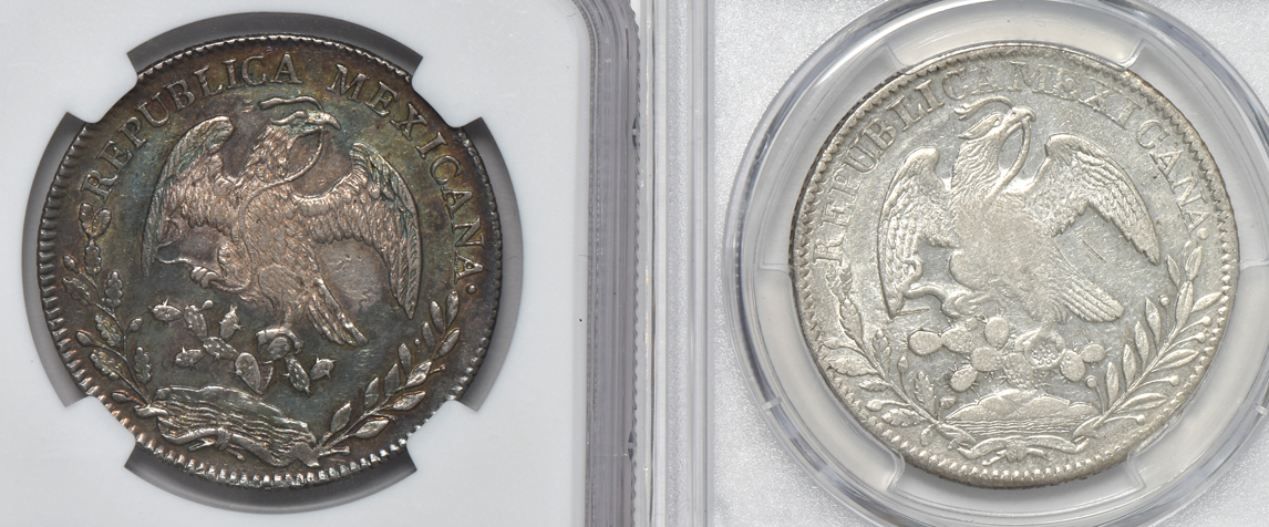 Mexico - 1838-Zs OM 8 reales PCGS, and an 1843-MO MM 8 reales NGC, both AU-55