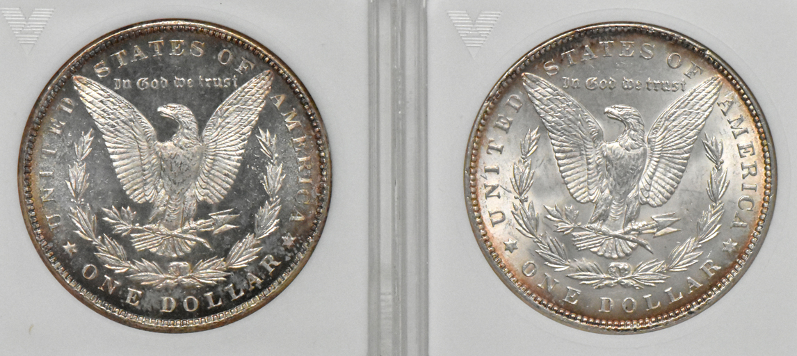 Three Morgan silver dollars and a Peace silver dollar, all ANACS (miniature)