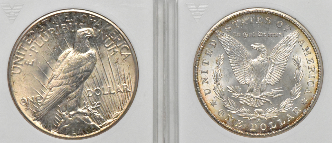 Three Morgan silver dollars and a Peace silver dollar, all ANACS (miniature)