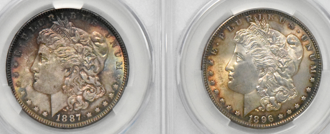 Five Uncirculated Morgan silver dollars, all CACG