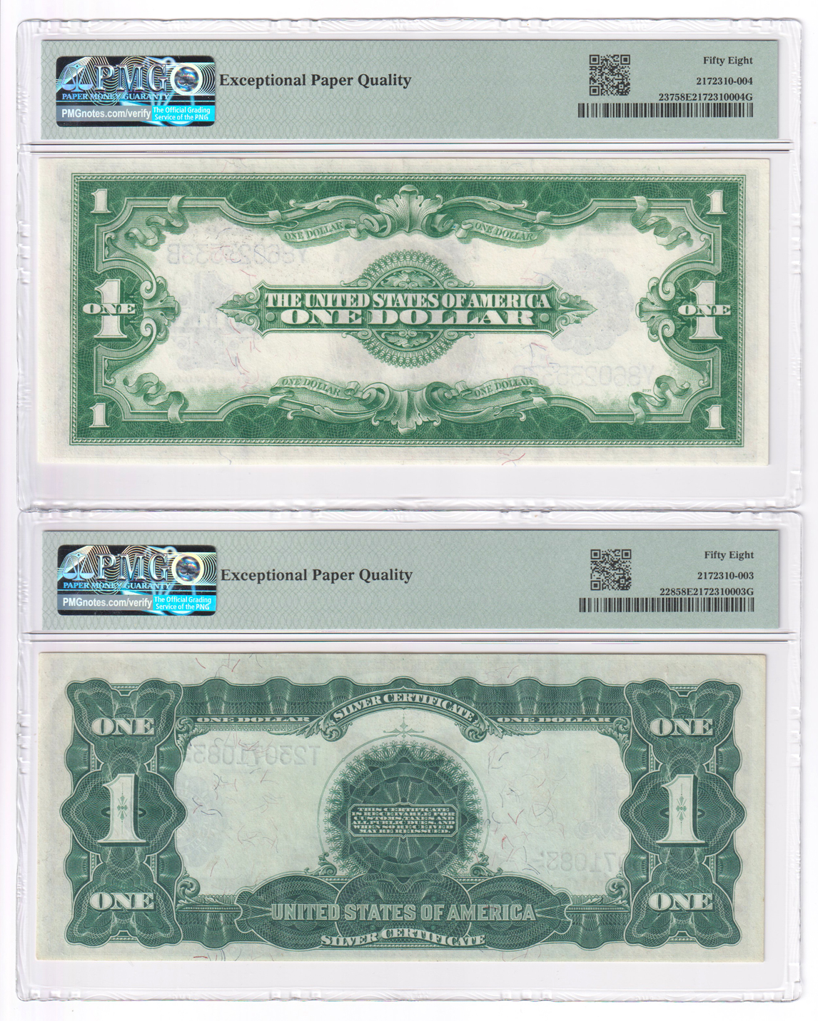 1899 $1 Black Eagle Fr# 228, and a 1923 $1 Silver Certificate Fr# 237, both PMG AU-58/EPQ