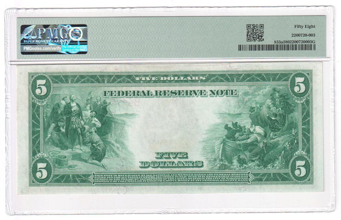1914 $5 New York Red Seal Fr# 833a - PMG AU-58