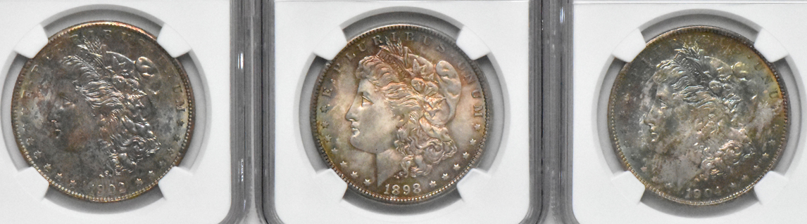 Six toned Uncirculated Morgan silver dollars, all NGC