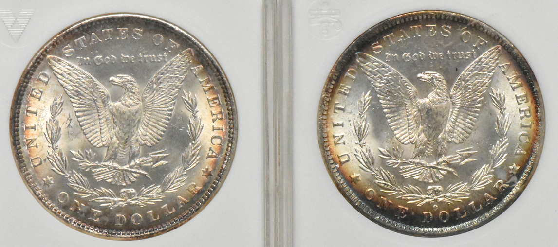 Four toned Uncirculated Morgan silver dollars, all ANACS (mini)