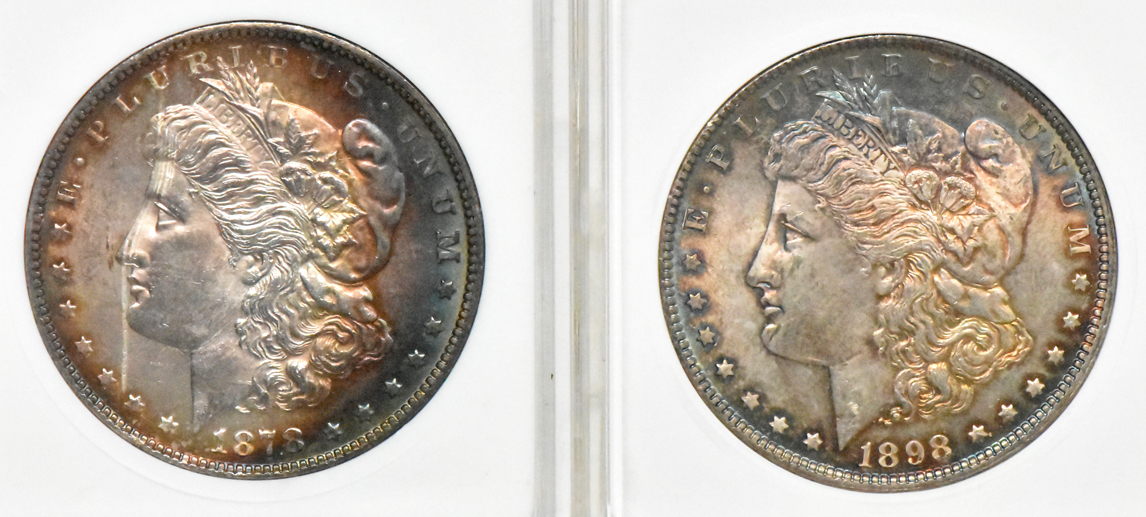 Four toned Uncirculated Morgan silver dollars, all ANACS (mini)