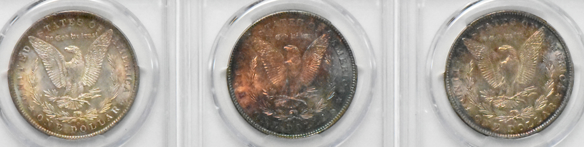Five toned Uncirculated Morgan silver dollars, all PCGS