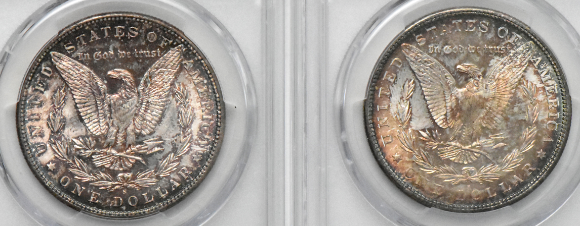 Five toned Uncirculated Morgan silver dollars, all PCGS