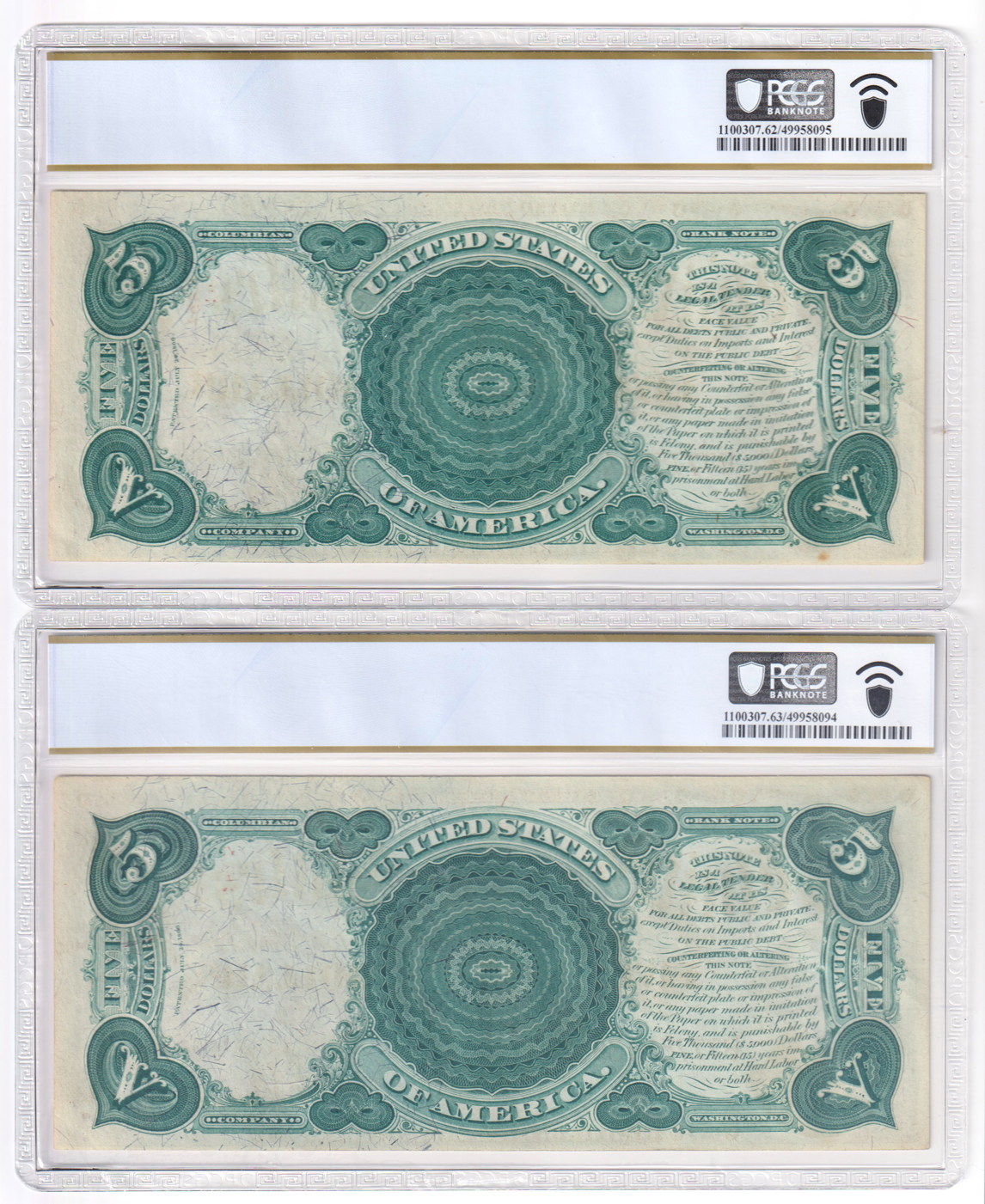 Cut sheet of four sequential 1875 $5 Woodchopper Fr# 68 - Three CU-62, on ChCU-63, all PCGS