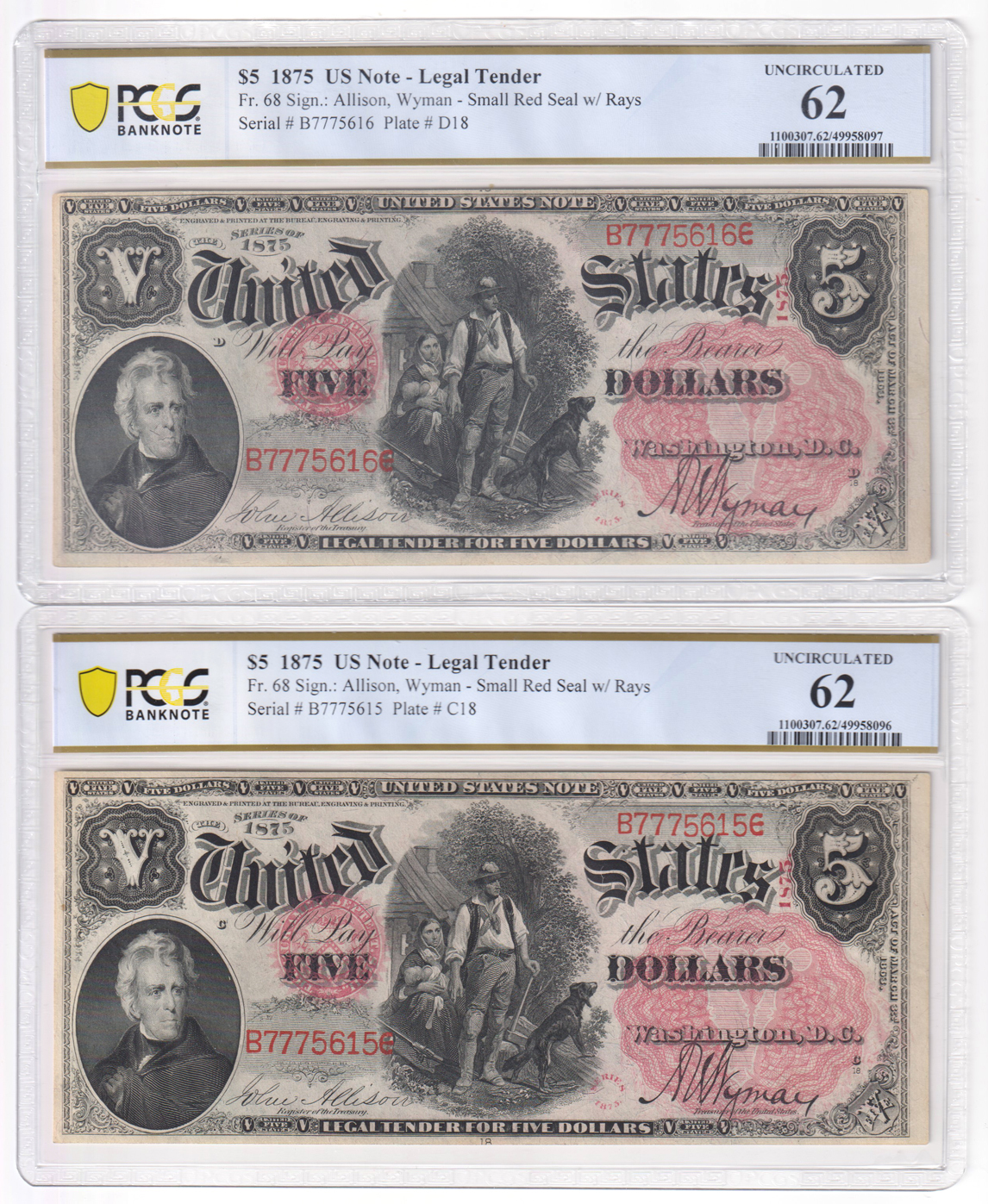 Cut sheet of four sequential 1875 $5 Woodchopper Fr# 68 - Three CU-62, on ChCU-63, all PCGS