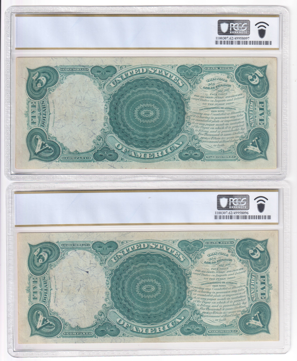 Cut sheet of four sequential 1875 $5 Woodchopper Fr# 68 - Three CU-62, on ChCU-63, all PCGS