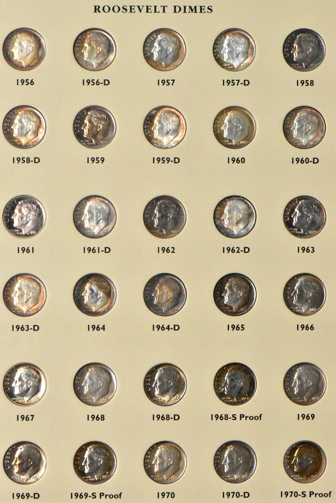 Roosevelt Dimes in Album Pages, All Toned