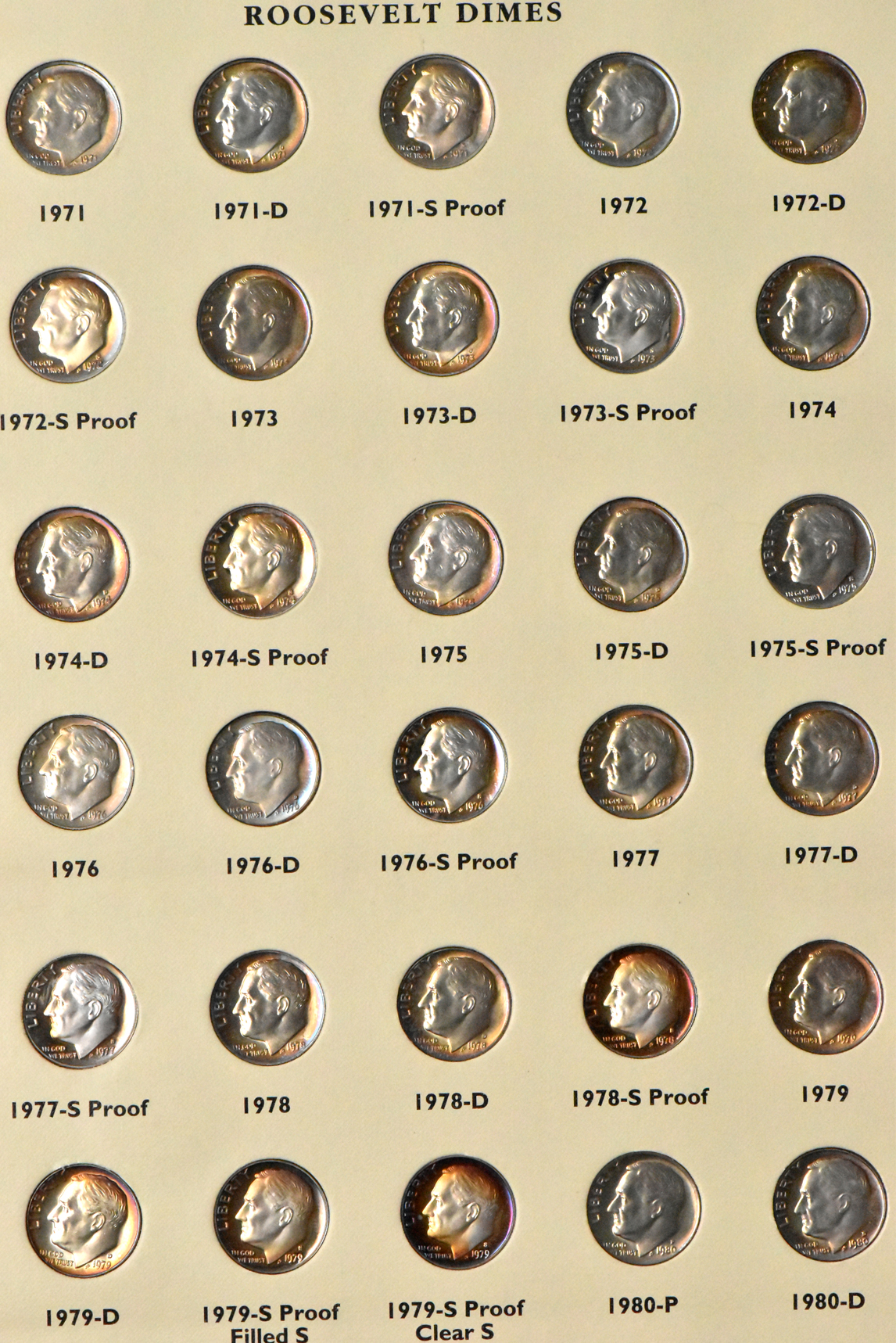 Roosevelt Dimes in Album Pages, All Toned