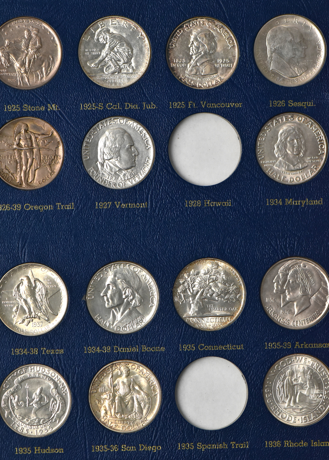 Collection of 48 different silver commemoratives in a nearly complete Whitman 9433 album