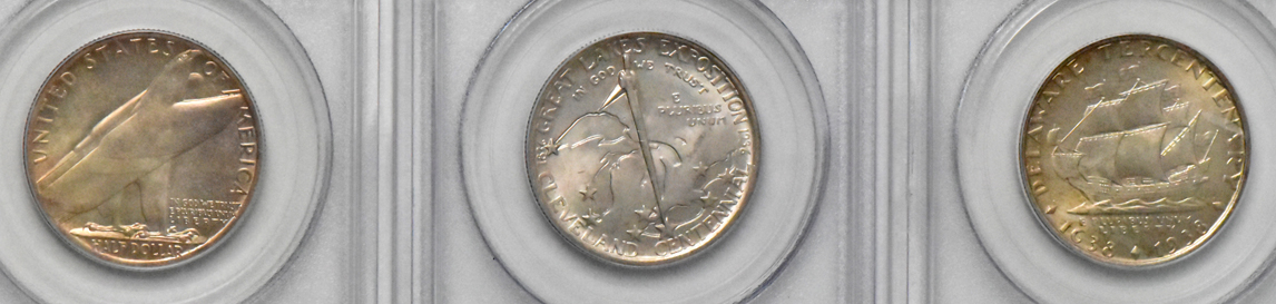 Five certified Gem Uncirculated silver commemorative half-dollars