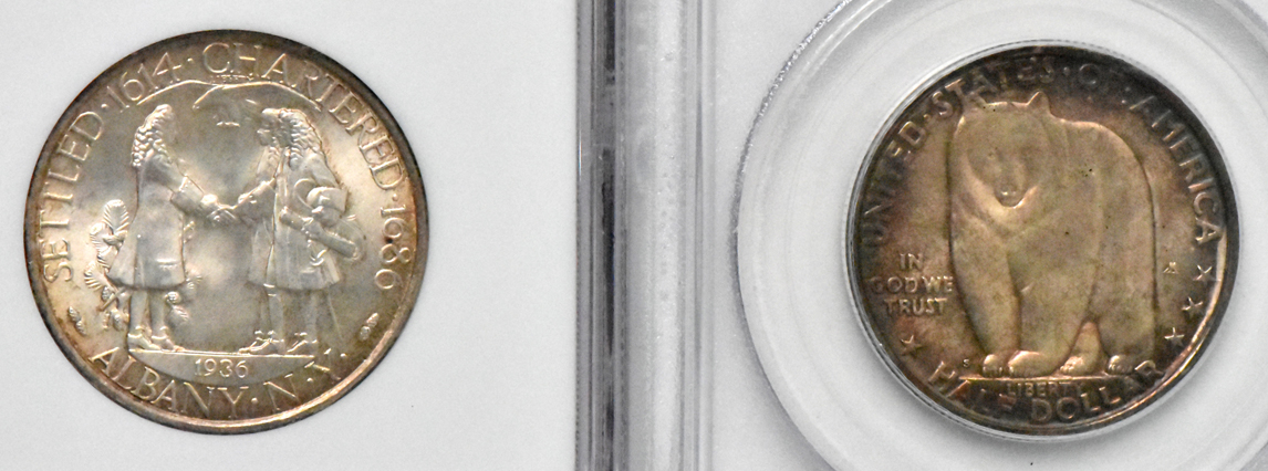 Five certified Gem Uncirculated silver commemorative half-dollars
