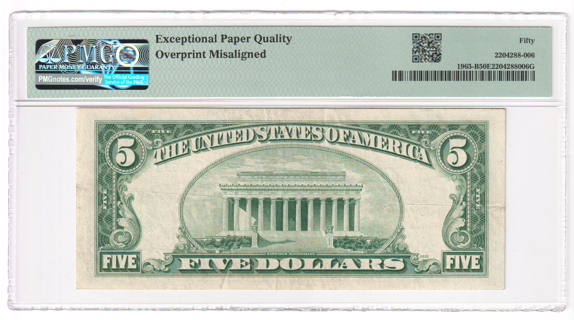 Error Currency - 1950-D $5 New York FRN Fr# 1965-B Misalignment Error - PMG AU-50 EPQ