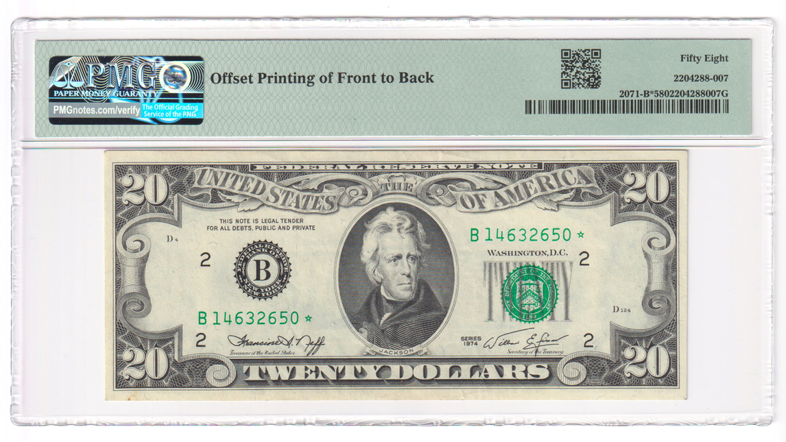 Error Currency - 1974 $20 New York FRN Star Fr# 2071-B* Offset Printing Error - PMG AU-58