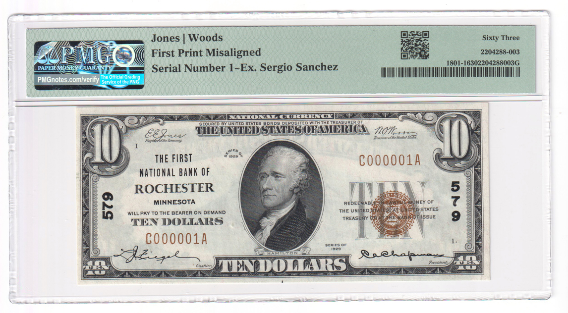 Serial Number 1 1929 1 $10 Type 1 - Rochester, MN Charter #579 Misalignment Error - PMG ChCU-63