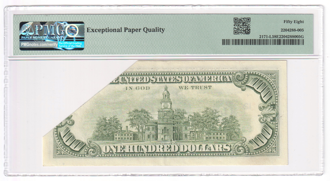 Error Currency - 1985 $100 San Francisco FRN Fr# 2171-L Printed Fold Error - PMG AU-58 EPQ