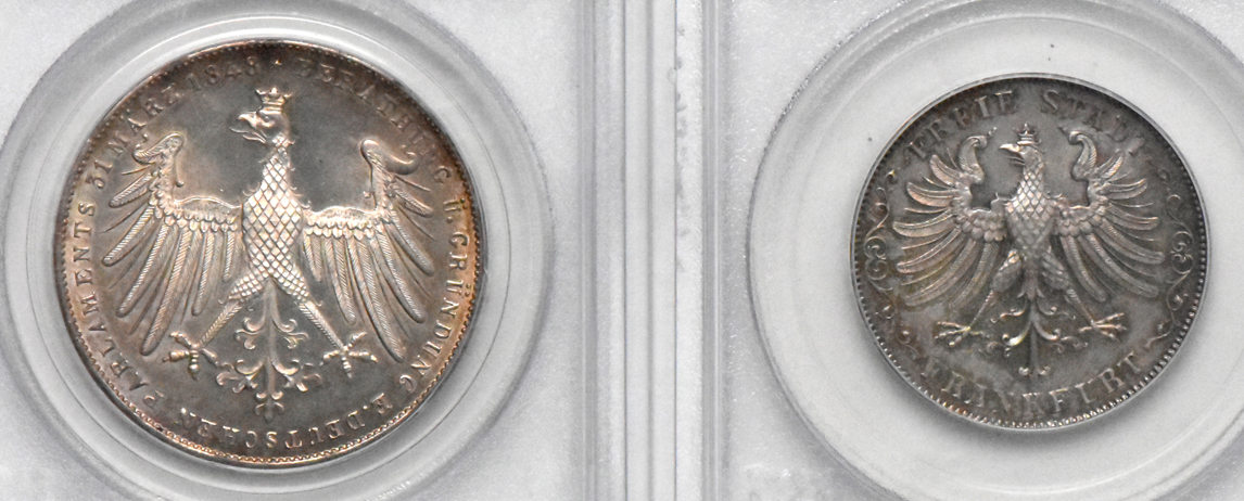 Germany - Frankfurt - 1848 gulden MS-65, and an 1848 2 gulden MS-64, both PCGS
