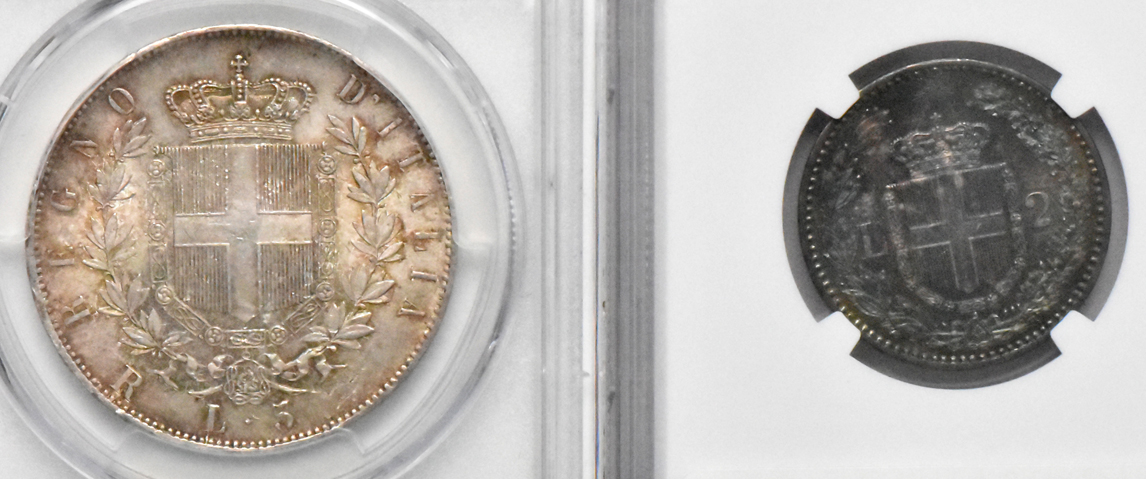 Italy - 1877-R 5 lire PCGS MS-63, and an 1881-R 2 lire NGC MS-64