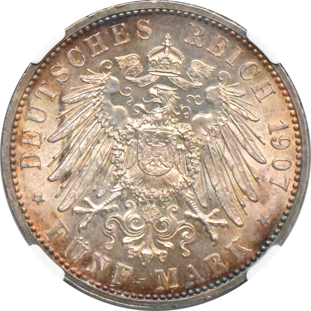 Germany - Baden 1907 5 mark Friedrich's Death - NGC MS-65