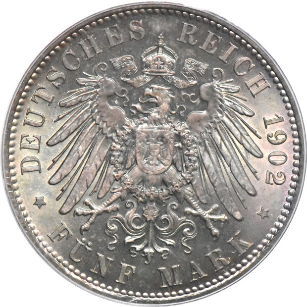 Germany - Saxony 1902-E 5 mark Death of Albert Rainbow - PCGS MS-65