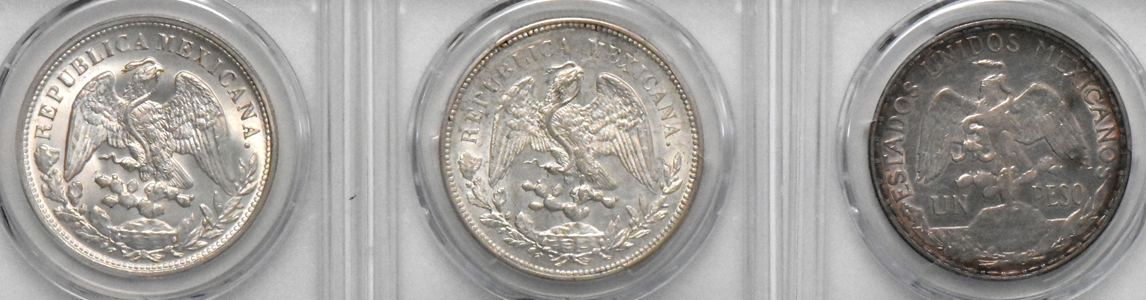 Mexico - 1898-Mo AM peso MS-64, 1908-Mo GV peso MS-62, and 1910 peso AU-50, all PCGS