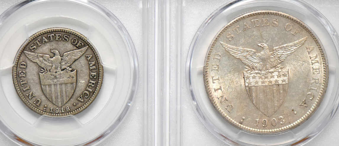 1903-S peso MS-61, and a 1918-S 50 centavos VF-35, all PCGS
