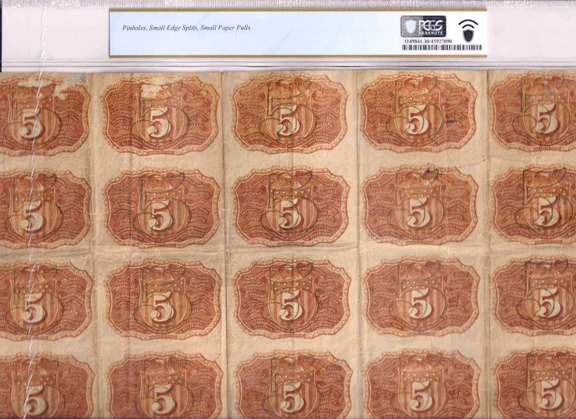Second Issue - Uncut sheet of twenty 5 Cent Fr# 1232 - PCGS VF-30/pinholes/small edge splits/small paper pulls