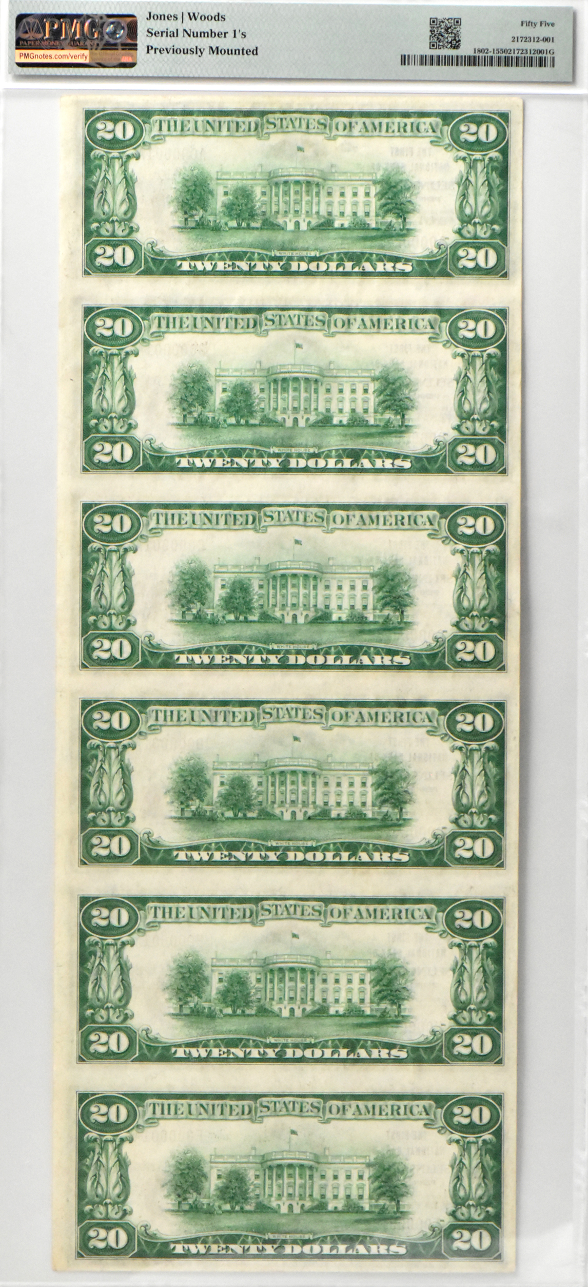 Uncut sheet of six serial number 1's 1929 $20 Type 1 - Selins Grove, PA Charter #357 - PMG AU-55/previously mounted