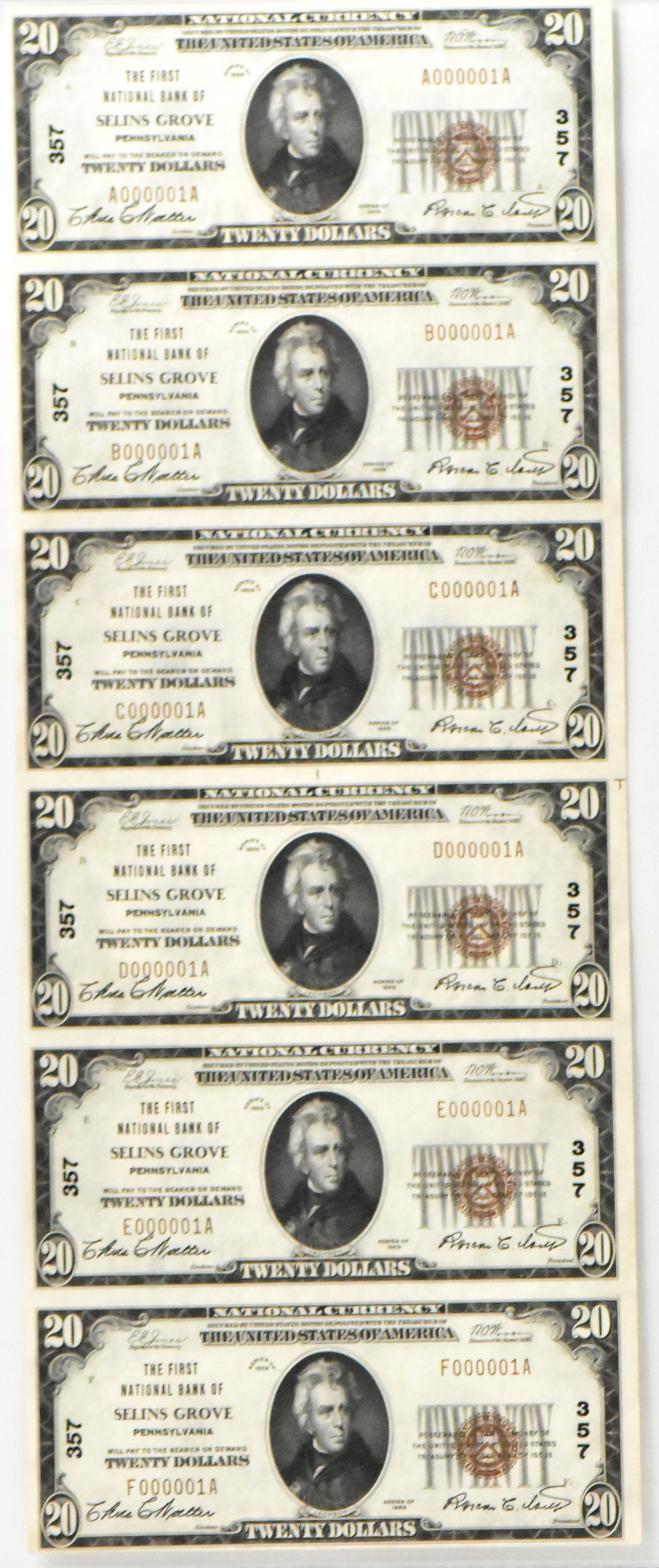 Uncut sheet of six serial number 1's 1929 $20 Type 1 - Selins Grove, PA Charter #357 - PMG AU-55/previously mounted