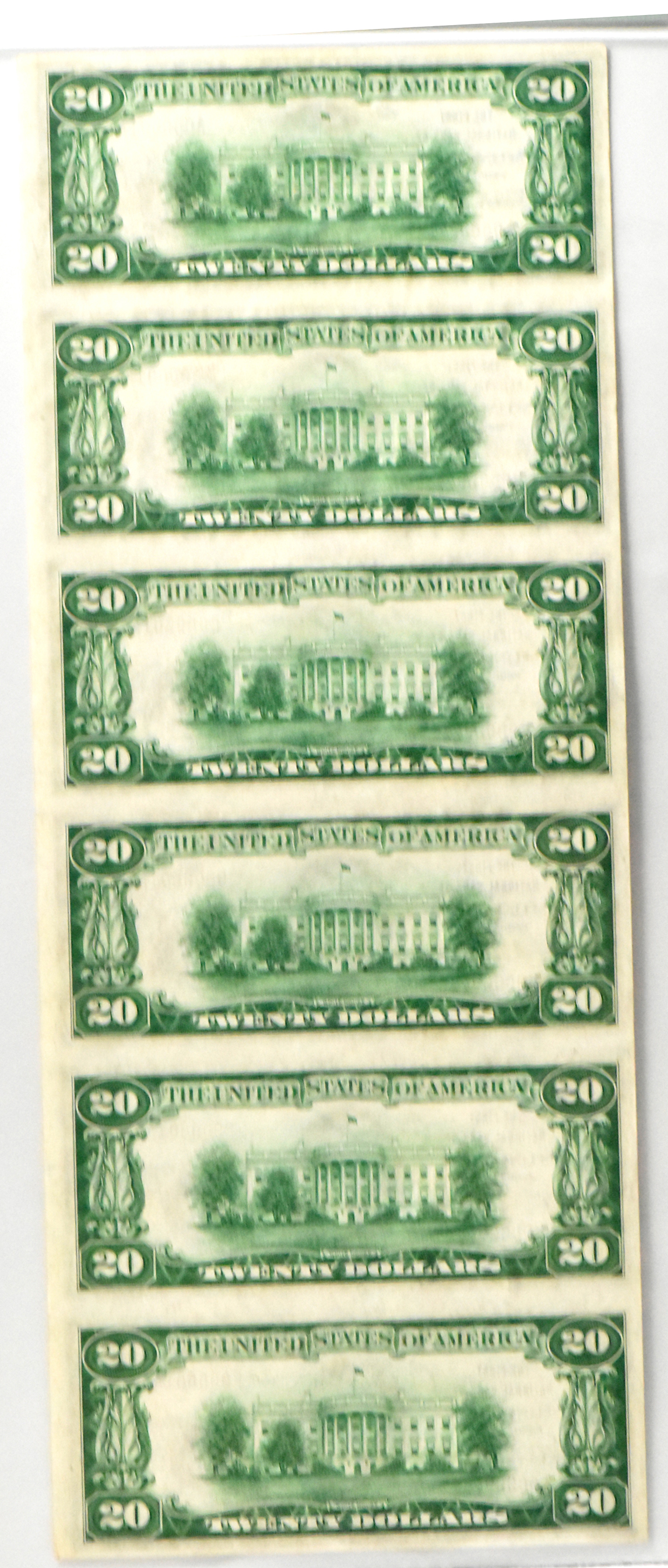 Uncut sheet of six serial number 1's 1929 $20 Type 1 - Selins Grove, PA Charter #357 - PMG AU-55/previously mounted