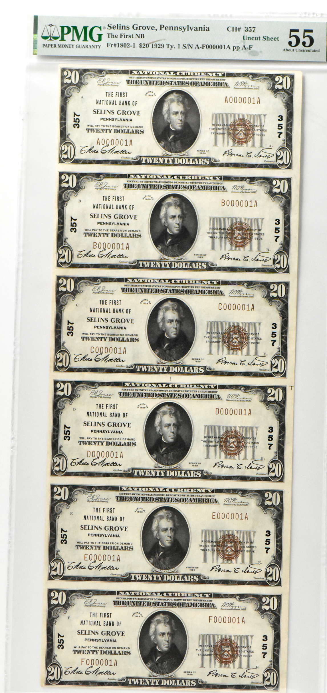 Uncut sheet of six serial number 1's 1929 $20 Type 1 - Selins Grove, PA Charter #357 - PMG AU-55/previously mounted