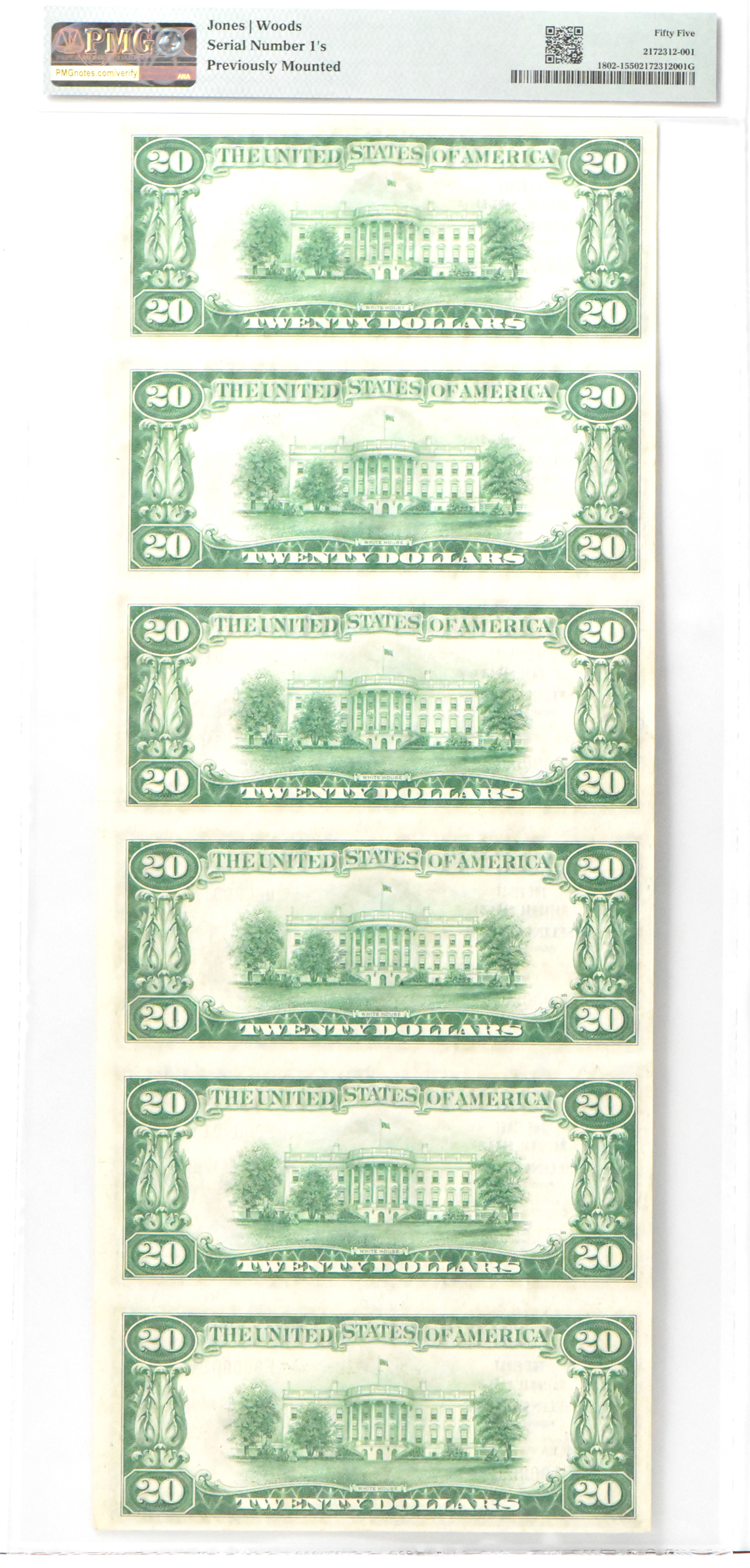 Uncut sheet of six serial number 1