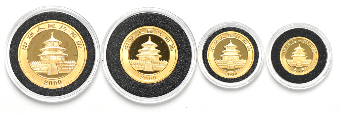 China - 2000 colorized 1oz, 1/2oz, 1/4oz, and 1/10oz gold Pandas
