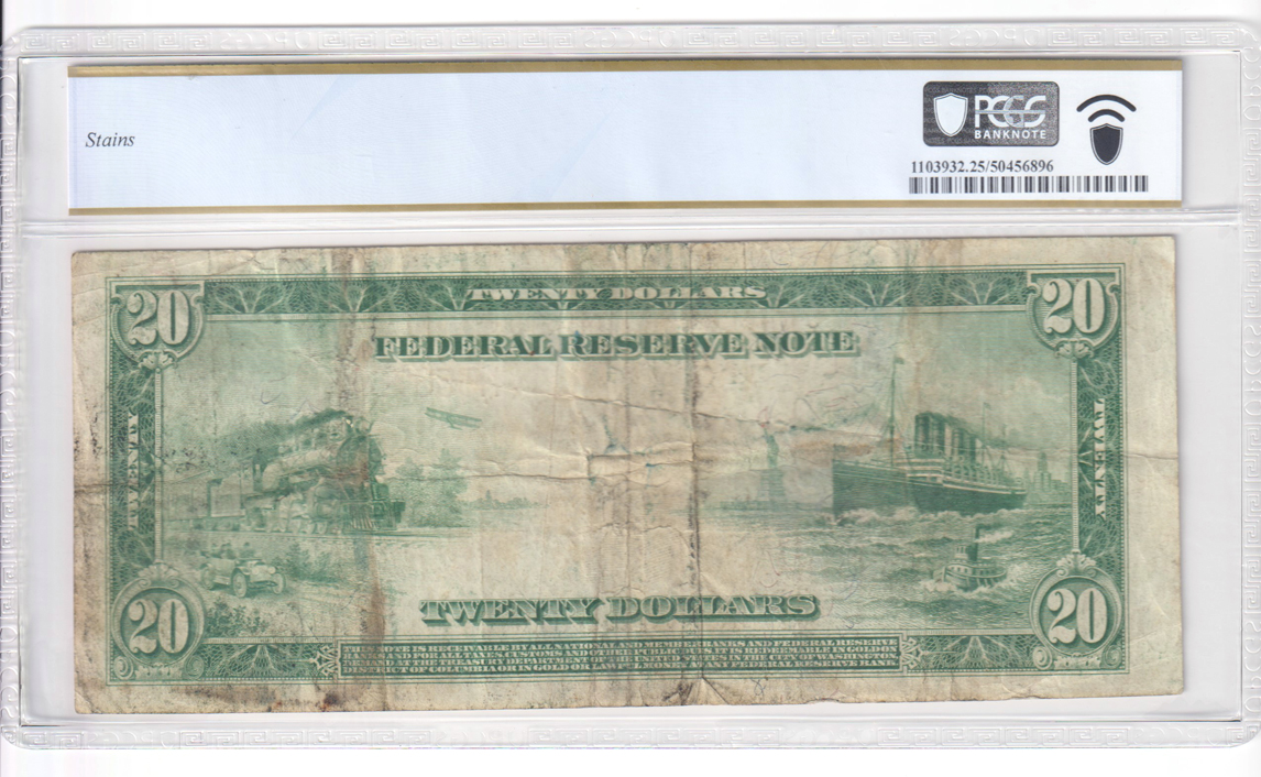 1914 $20 St. Louis Red Seal Fr# 959A - PCGS VF-25 stains