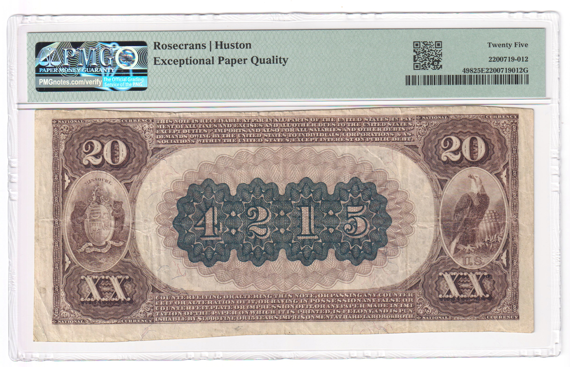 1882 $20 Brown Back - Plattsburg, MO Charter #4215 - PMG VF-25 EPQ