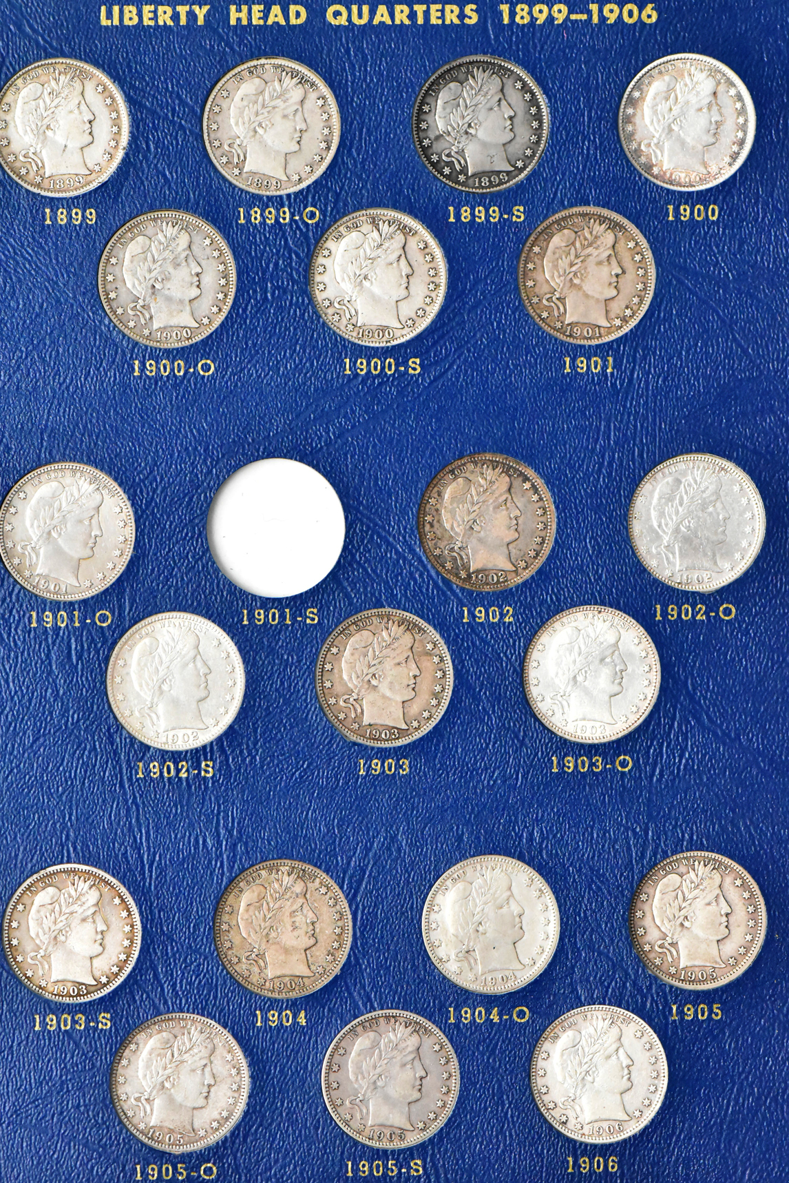 Collection of 69 different Barber quarters in a Whitman 9416 album