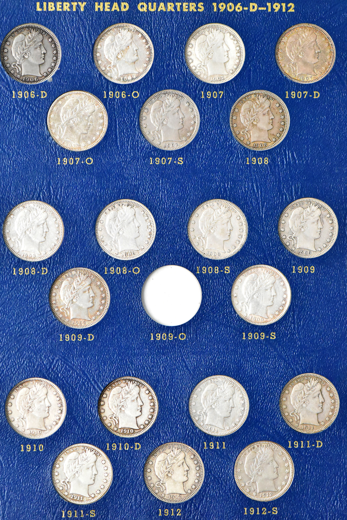Collection of 69 different Barber quarters in a Whitman 9416 album