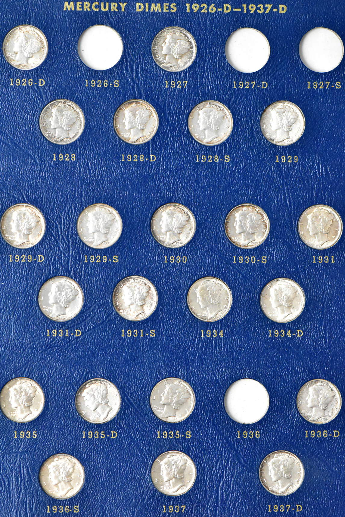Collection of 55 different Mercury Dimes in a Whitman 9413 album