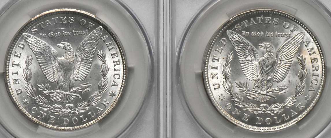 Four Morgan silver dollars, all CACG MS-65