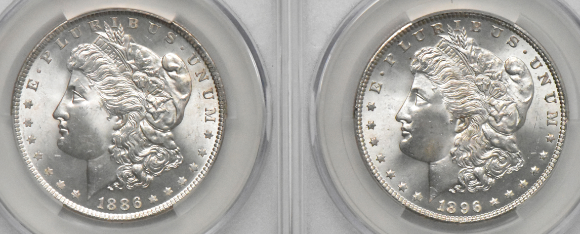 Four Morgan silver dollars, all CACG MS-65