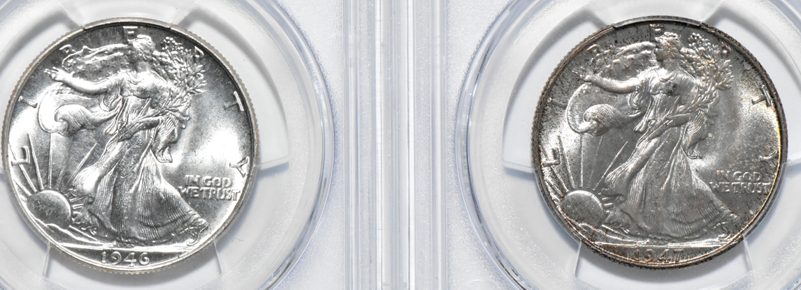 Four Walking Liberty half-dollars, all PCGS MS-65