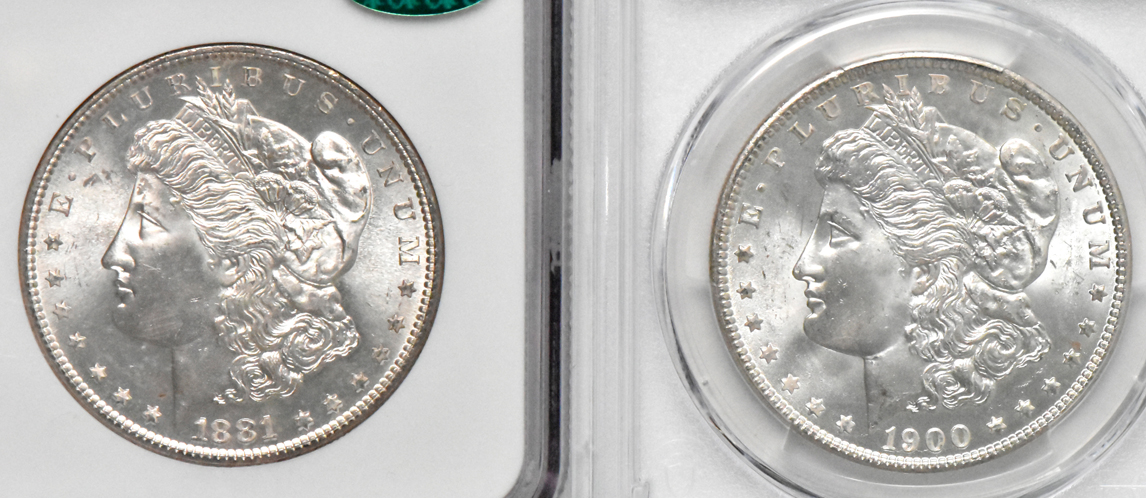 Four certified Uncirculated Morgan silver dollars