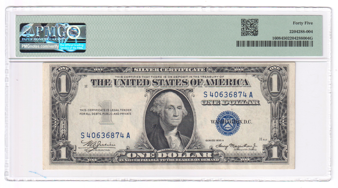 Error Currency - 1935-A $1 silver certificate Fr# 1608 Inverted Back - PMG XF-45
