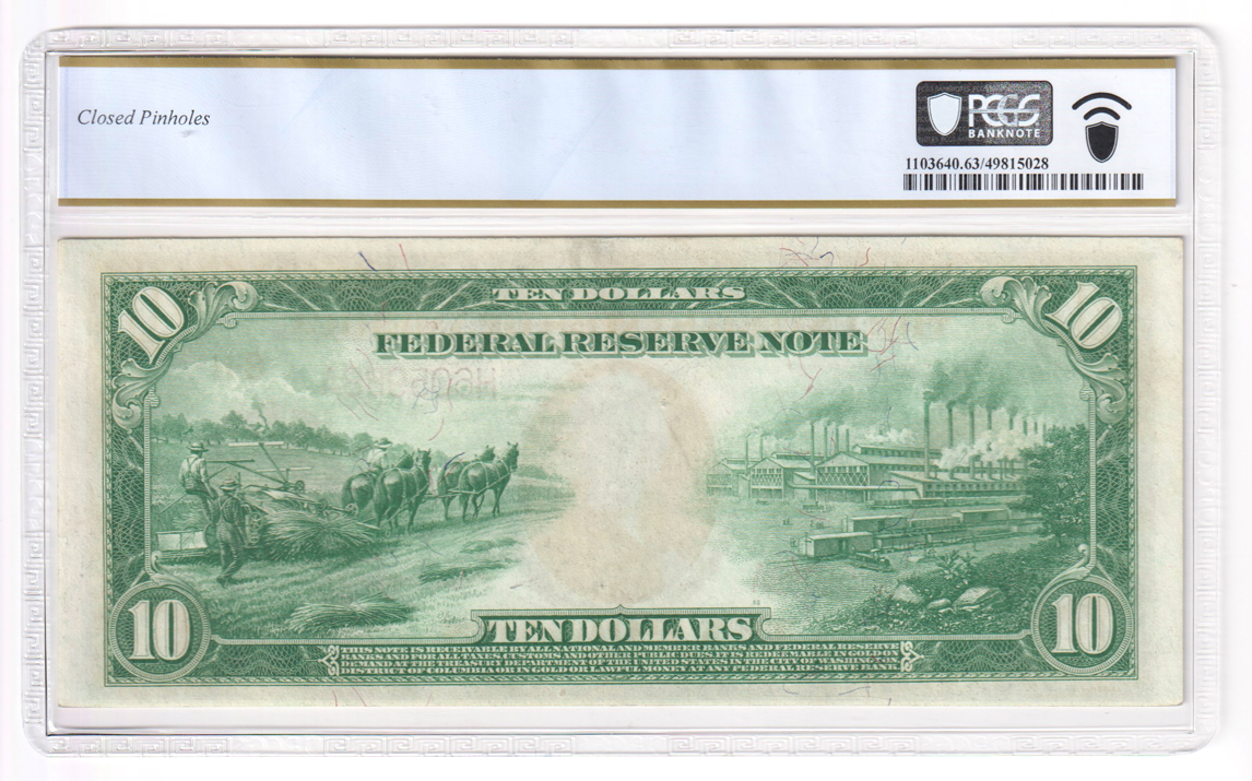 1914 $10 St. Louis Red Seal Fr# 899B - PCGS CU-63/closed pinholes