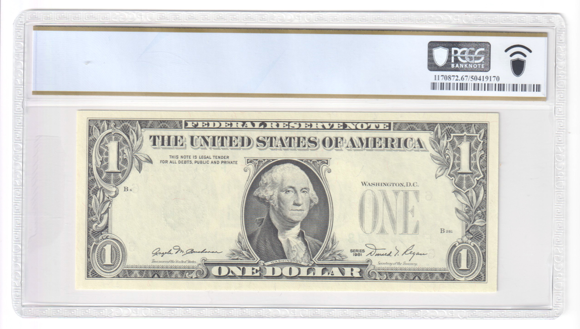 Error Currency - 1981 $1 Atlanta FRN Fr# 1911-F Overprint on Back - PCGS GemCU-67 PPQ